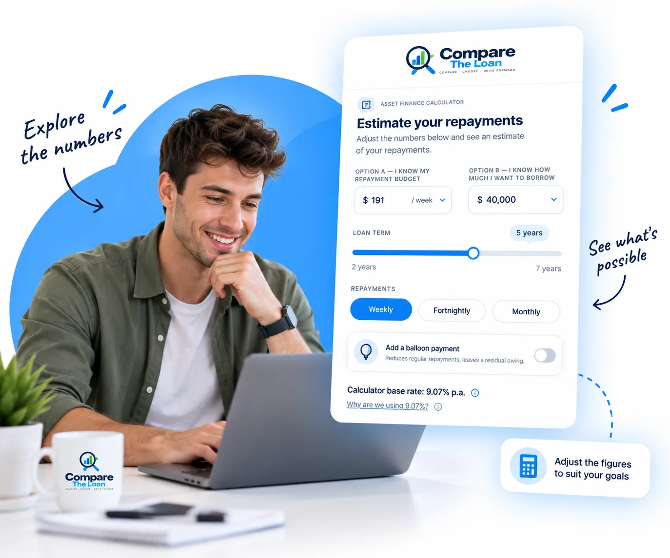 Man reviewing loan repayment estimates on the Compare The Loan calculator screen