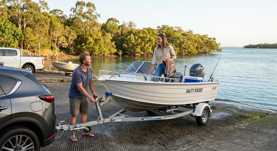 Couple launching their trailer boat at a Brisbane boat ramp