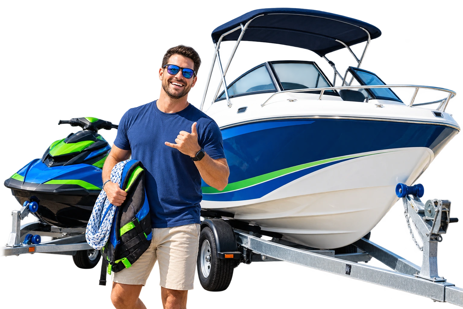 Man giving a thumbs up beside his boat and jet ski on a trailer, financed through Compare The Loan boat and jet ski finance in Brisbane