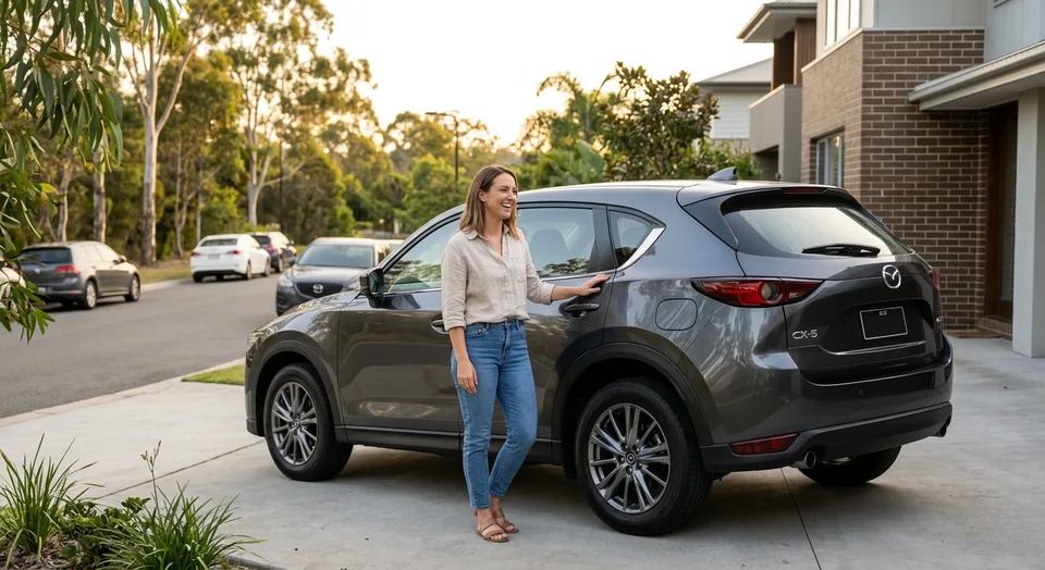 Woman beside her new Mazda SUV in a suburban driveway at dusk