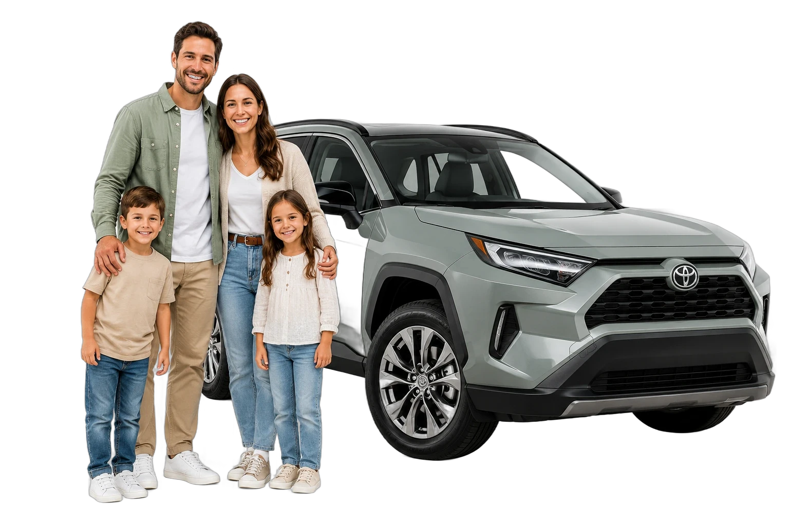 Happy family standing beside their Toyota RAV4 SUV, financed through a Compare The Loan car loan in Brisbane