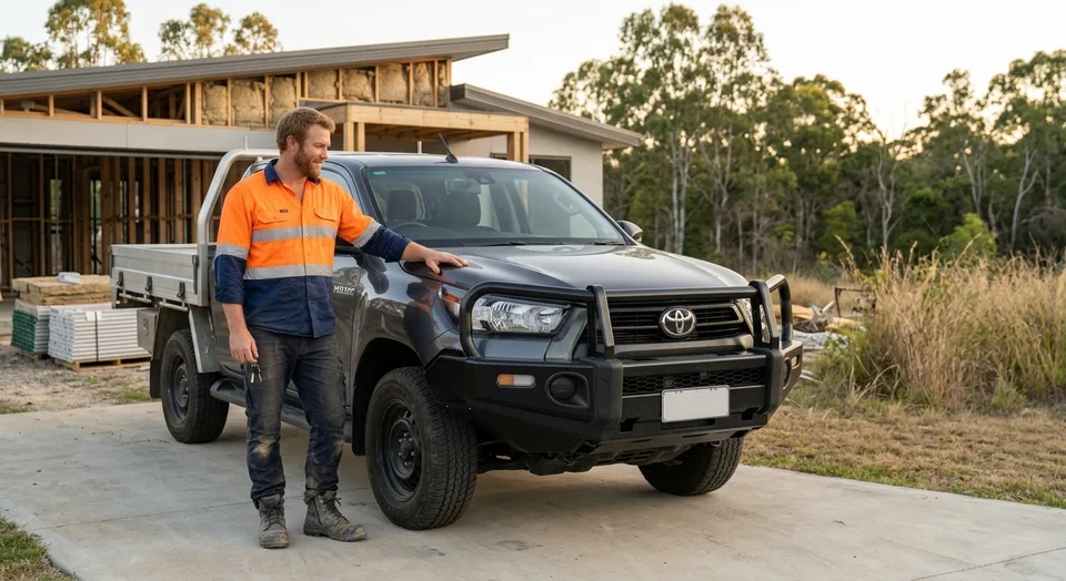 Tradie beside his ute at a house construction site