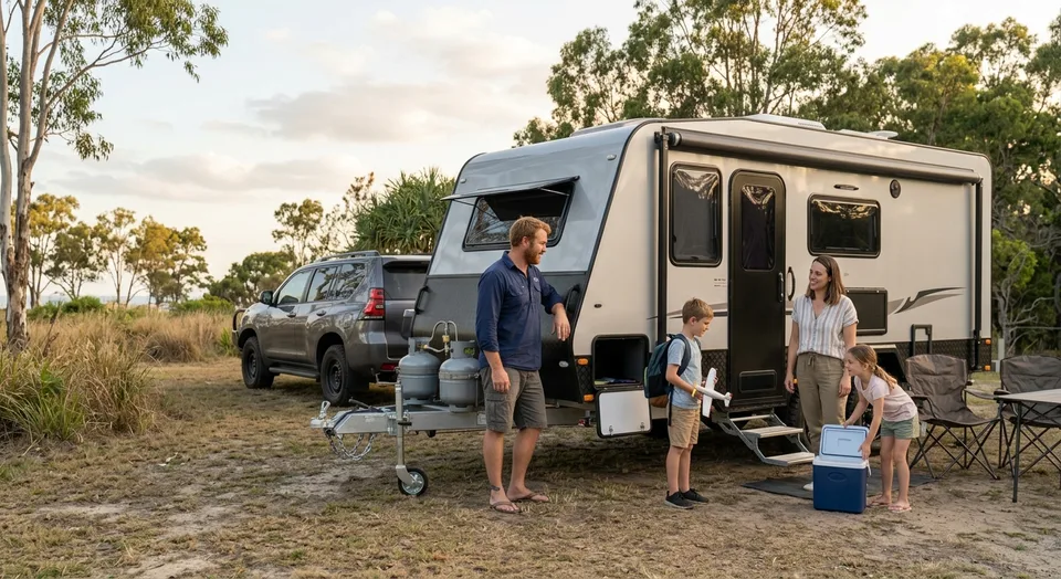 Family setting up camp beside their caravan on a bush camping trip