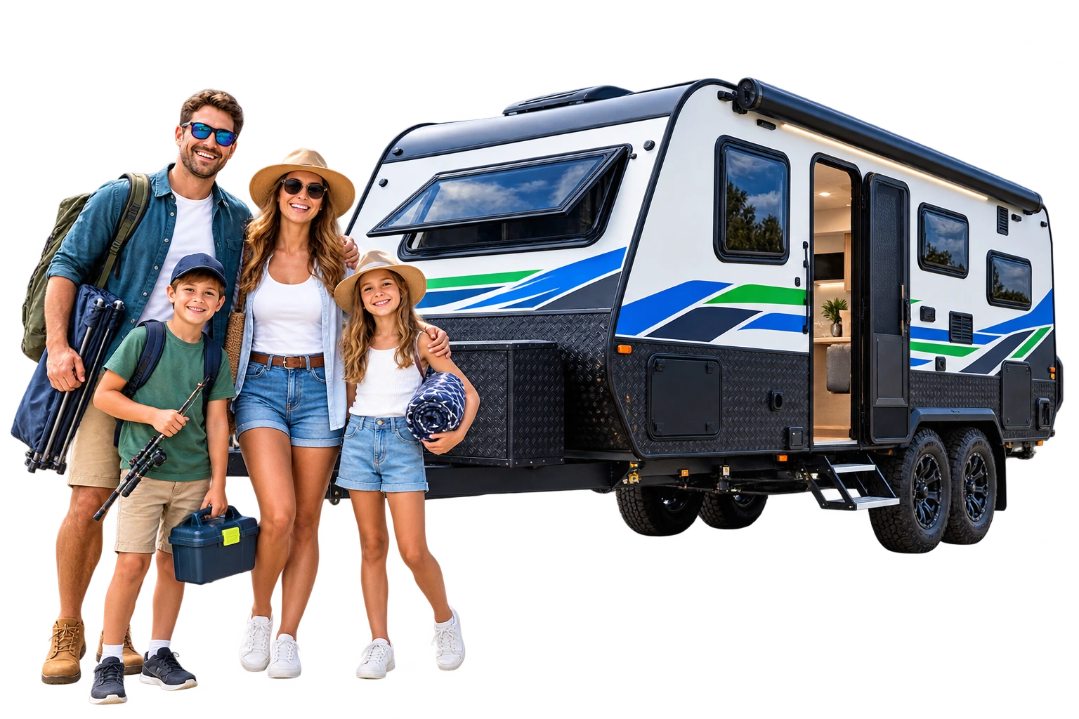 Family packing up for a road trip beside their new caravan, financed through a Compare The Loan caravan loan in Brisbane
