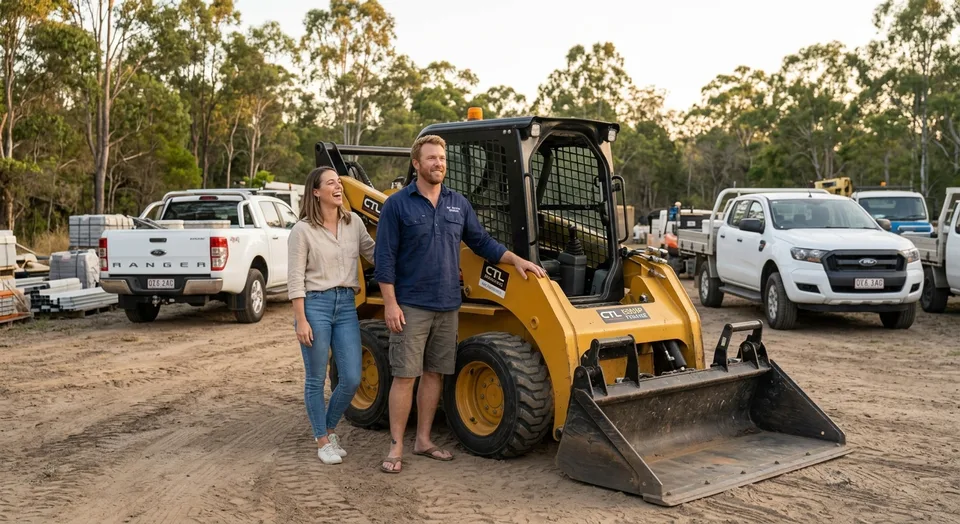 Tradie and colleague beside a skid steer loader on a work site