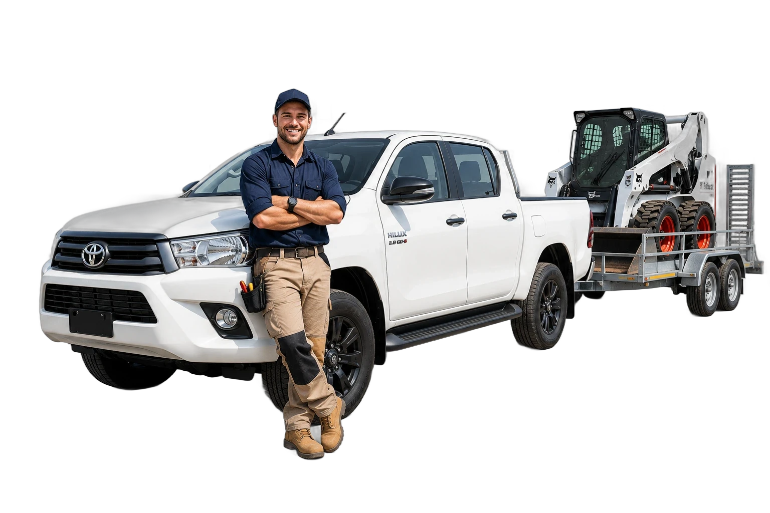 Tradie standing beside his Toyota HiLux towing a Bobcat skid steer loader on a trailer, financed through Compare The Loan equipment finance in Brisbane