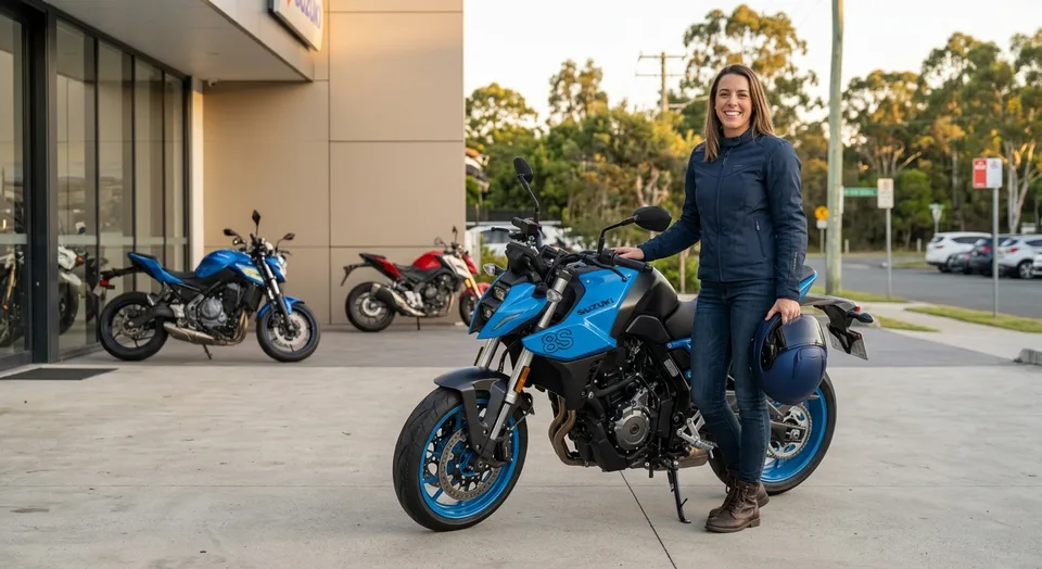 Woman standing beside her motorcycle outside a dealership