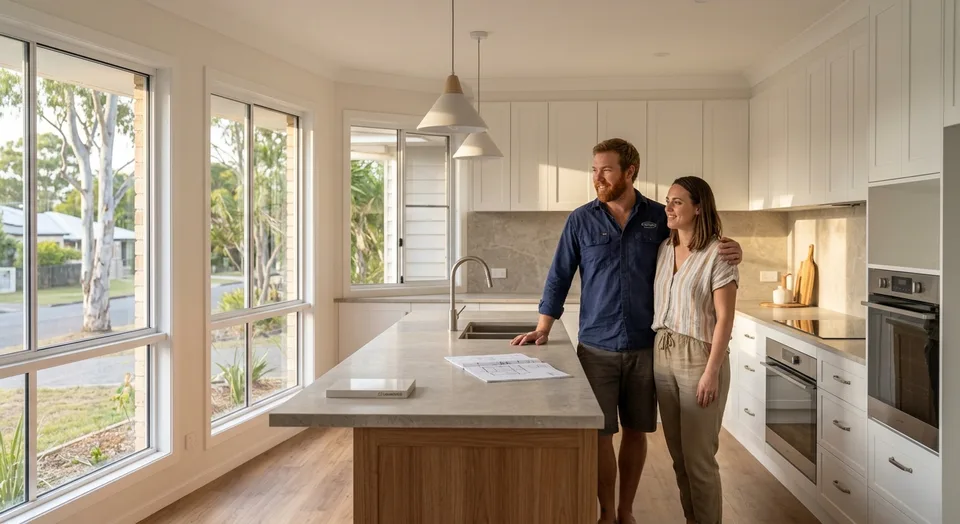 Couple reviewing renovation plans in their newly renovated kitchen